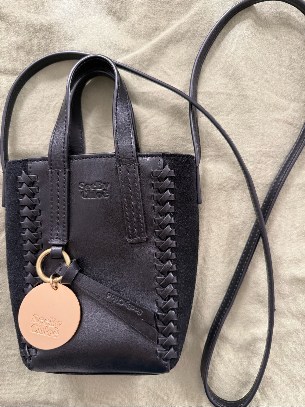 See By Chloe Black Leather & Suede Mini Crossbody with Branded Charm